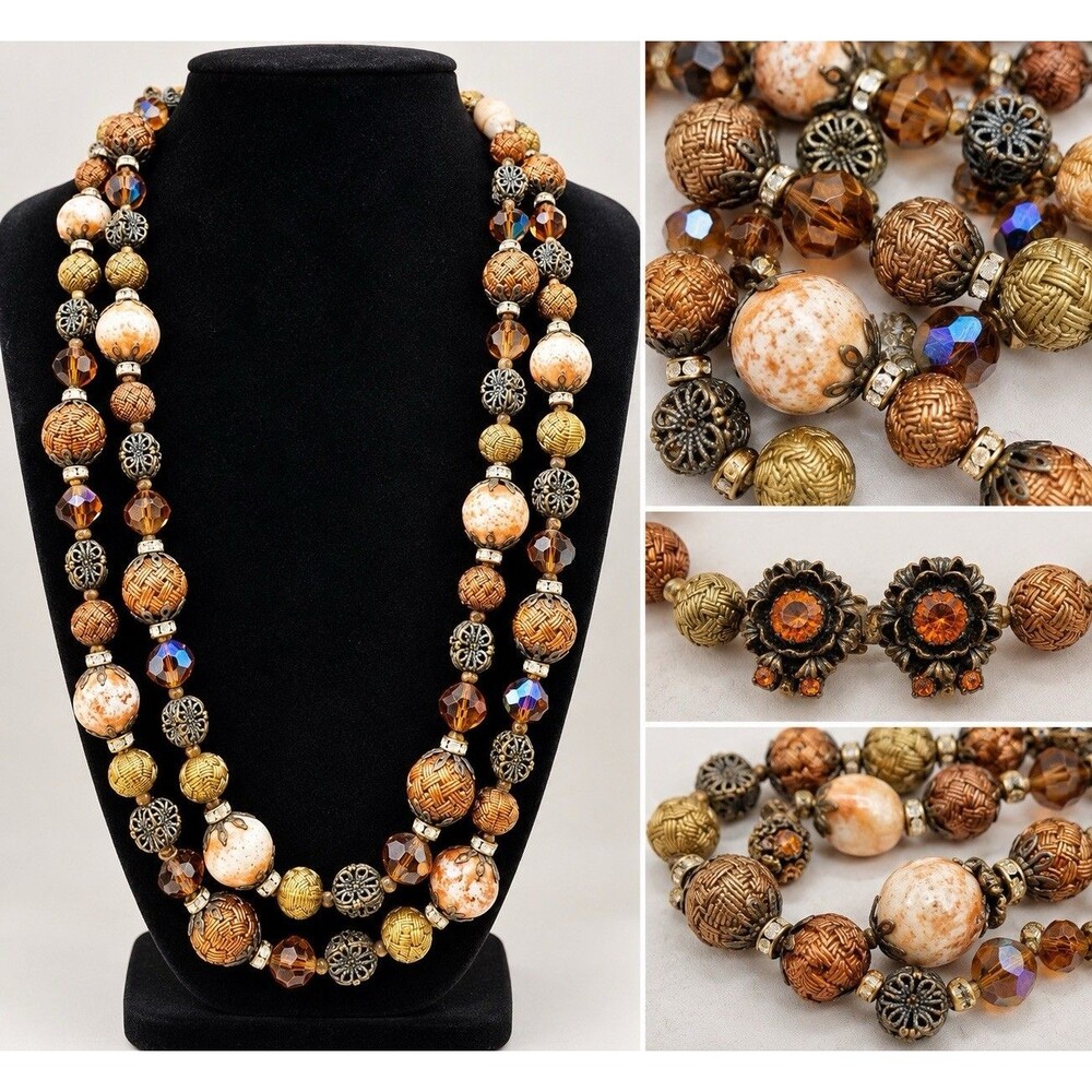 High Quality Vintage Double Strand Necklace Amber AB Glass Basket Weave Beads